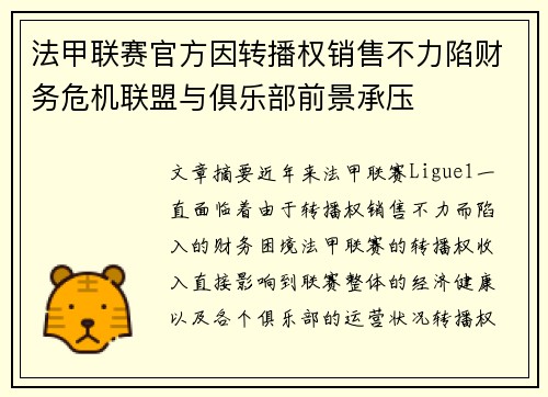 法甲联赛官方因转播权销售不力陷财务危机联盟与俱乐部前景承压