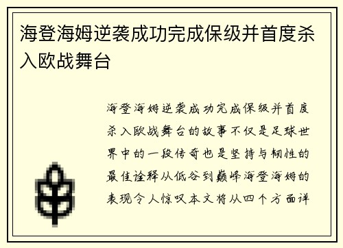 海登海姆逆袭成功完成保级并首度杀入欧战舞台 海登海姆逆袭成功完成保级并首度杀入欧战舞台