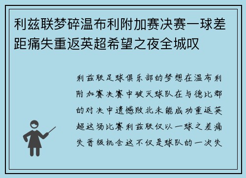 利兹联梦碎温布利附加赛决赛一球差距痛失重返英超希望之夜全城叹 利兹联梦碎温布利附加赛决赛一球差距痛失重返英超希望之夜全城叹